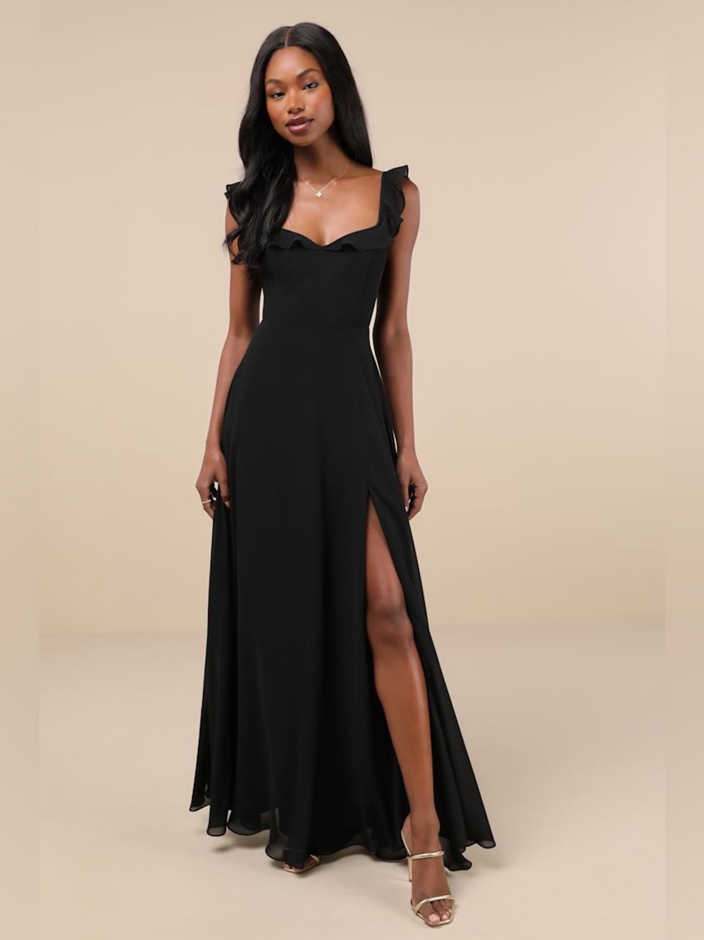 NWT Lulus Dreamy Admiration Black Ruffled Maxi Dress Size Small